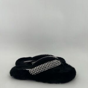 Alexander Wang Motel Crystal Embellished Faux Fur Thong Satin Flip Flop Sandals
